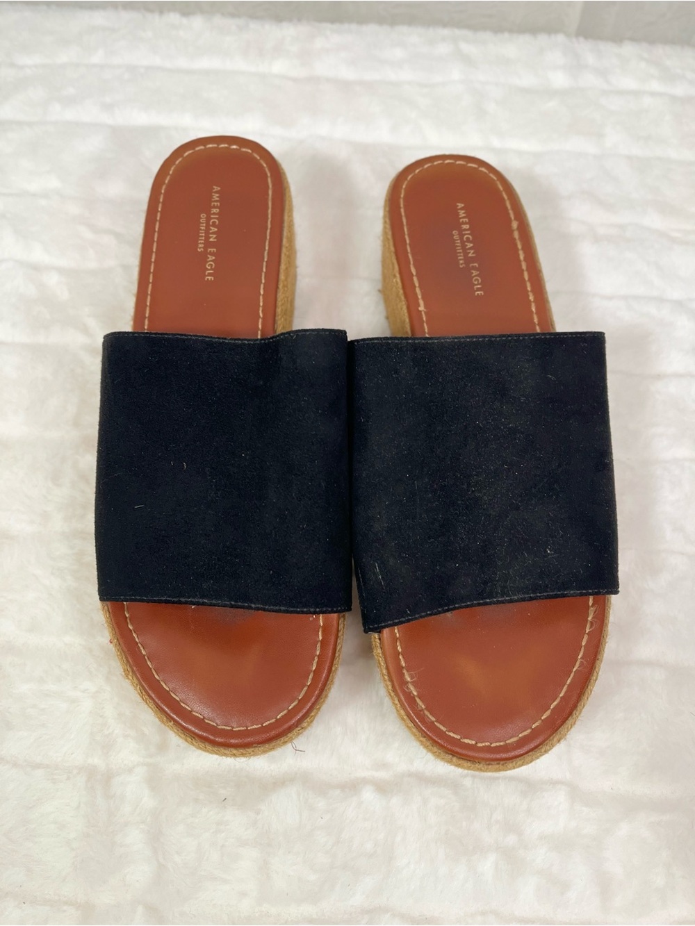 American Eagle Black Suede Espadrille Flatform Slide Sandals Size 8